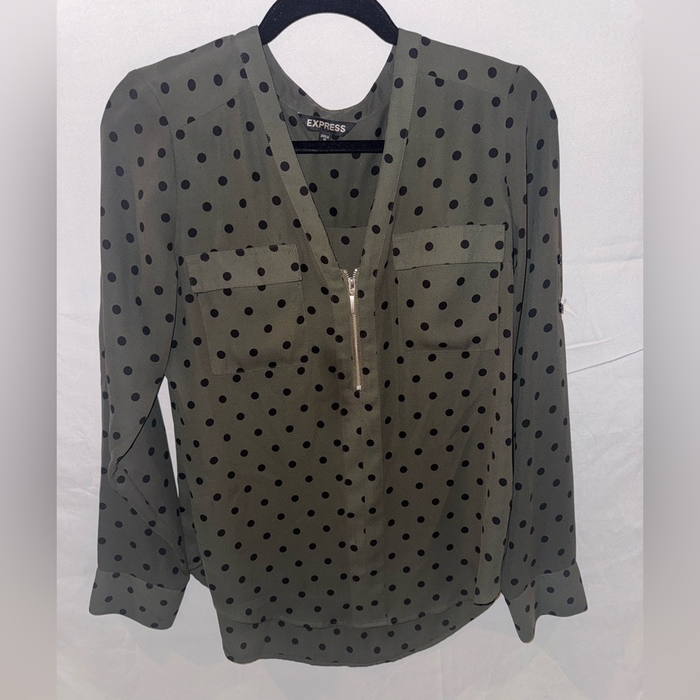 Long sleeve olive blouse with black polka dots